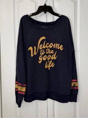 Zoe + Liv Navy Sweatshirt with Gold Graphic Welcome to the good life print M